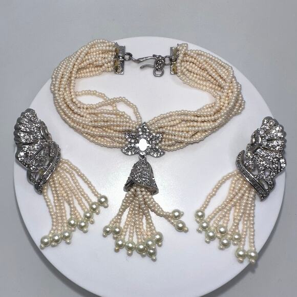 Indian white gold plated cubic zirconia glass pearl bracelet earrings set - Picture 2 of 8